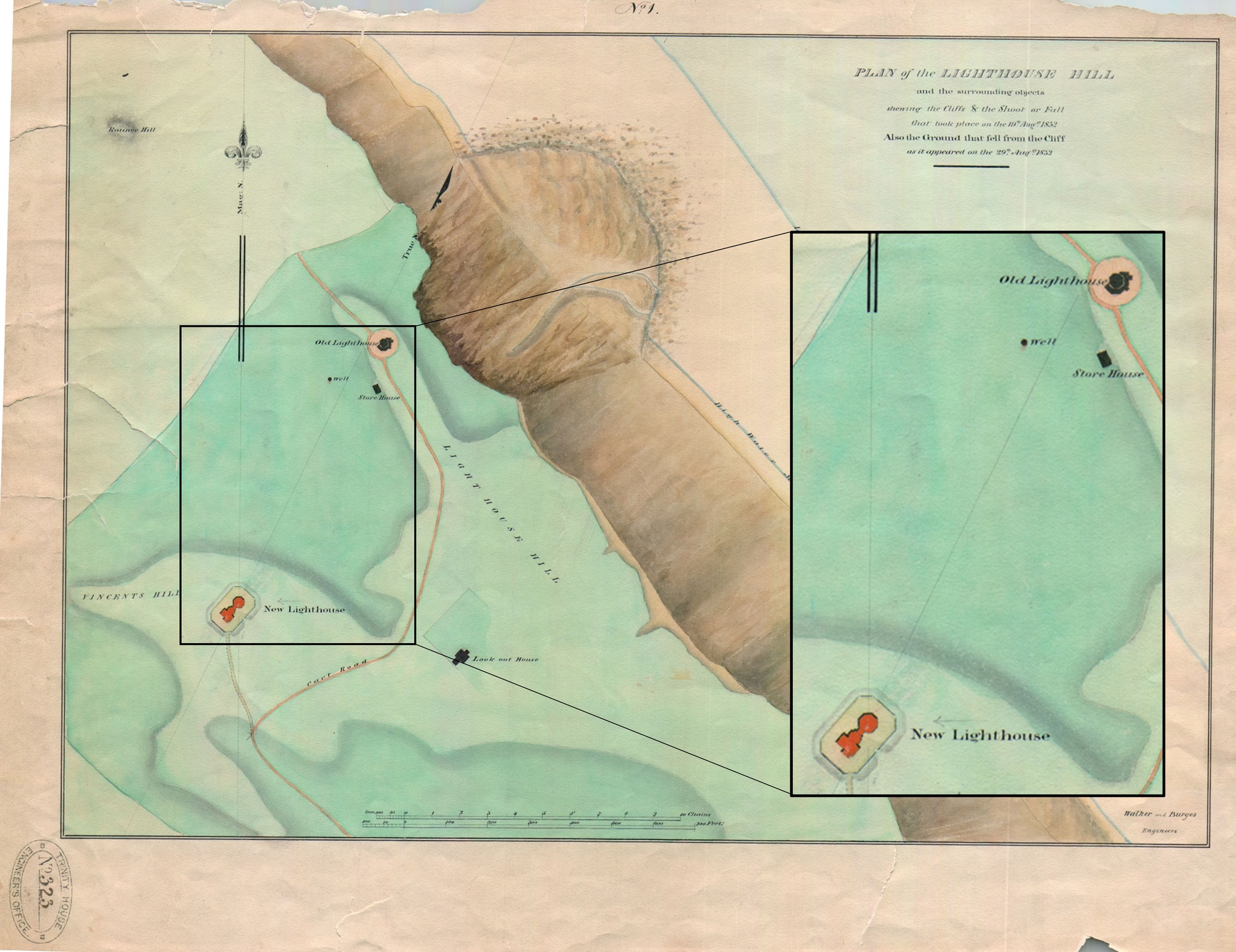 Map of both Cromer lighthouse towers (1832)